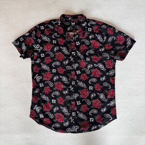 WXYZ MFG CO Button Down Shirt Mens Large Black Red Rose Paisley Cotton Excellent